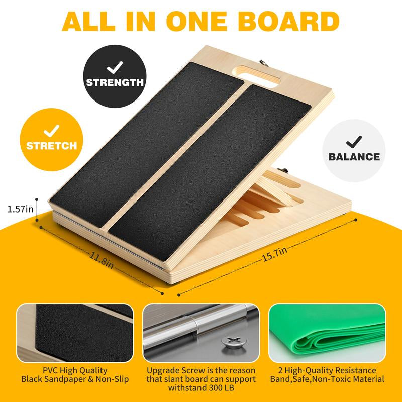 Slant Board for Calf Stretching, Adjustable Portable Wooden Board with 2 Resistance Bands & Training Poster,300 Lbs Weight Capacity Calf Stretch Wedge for Legs, Knees & Flexibility